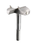 Front view of 53mm tungsten carbide Forstner drill bit for wood with hex shank, gray metal.