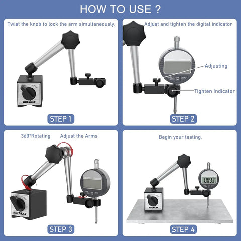 Four-step guide for using Pro Grade Digital Dial Indicator Gauge With Magnetic Base 0 to 1 Inch 25.4mm for precise measurements