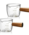 Single Spout Espresso Shot Glass With Wood Handle Measuring Cup Set, 75 Ml Two Pack, Borosilicate Glass Milk Cup.