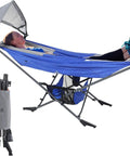 Portable Hammock With Stand No Trees Needed Compact Folding Framed Hammock With Adjustable Sunshade Canopy, blue color