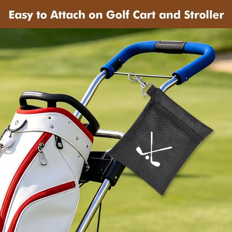 Waterproof Golf Tee Bag With Rotating Clip And Ball Holder Pouch attached to a golf cart with clubs, black color, on a golf course.