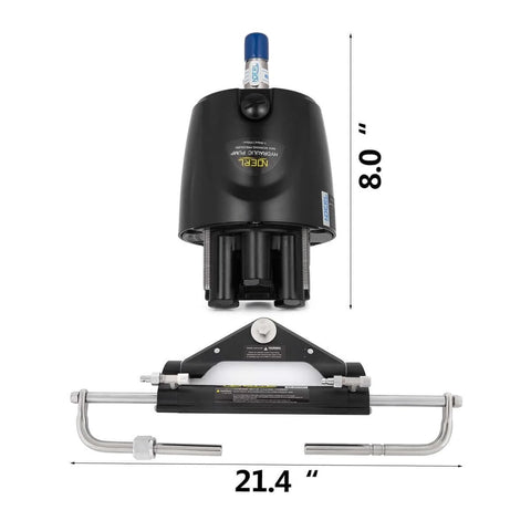 Beefed Up Hydraulic Outboard Steering Kit For Boats 150HP With Built In Two Way Lock Cylinder Includes Pump And Two 20 Ft High Strength Nylon Hoses For Single Station Single Engine Marine System, components displayed