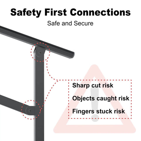 Built Like A Tank Black Galvanized Steel Handrails For Outdoor Steps And Porch Safety showing secure connection details and safety warnings.