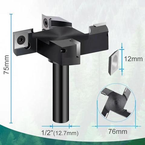 Spoilboard Surfacing Router Bit With Half Inch Shank And Three Inch Cutting Diameter, Four Wing Carbide Slab Flattening Bit