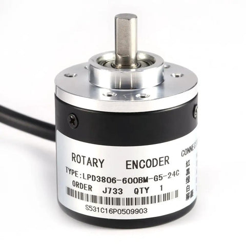 5V-24V Rotary Encoder With 6mm Shaft AB 2-Phase Incremental Encoder shown with label and metal shaft visible.