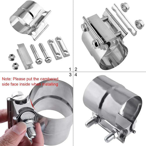 Top Tier 2.5 Inch Lap Joint Band Clamp For Exhaust Systems 304 Stainless Steel Pipe Connector Universal Fit 2 Pack mounted with bolts and hardware.