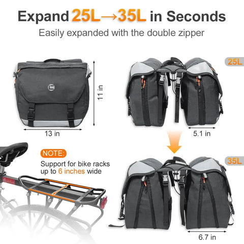 Rear Rack Panniers With 25 To 35 Liter Expandable Capacity showing size expansion and bike rack compatibility.