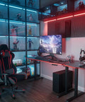 Heavy Load Electric Standing Desk Built Different For The Daily Grind, Super Silent Motor Lift Tech, Generous 55 By 28 Inch Sit Stand Workstation For Cozy Home Office And Pro Gaming Rig with dual monitors and gaming chair.