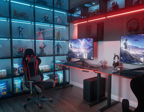 Heavy Load Electric Standing Desk Built Different For The Daily Grind, Super Silent Motor Lift Tech, Generous 55 By 28 Inch Sit Stand Workstation For Cozy Home Office And Pro Gaming Rig with dual monitors and gaming chair.