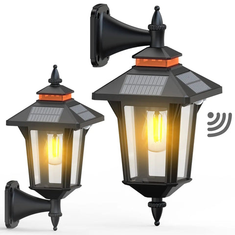 Two Pack Solar Wall Lantern Lights Outdoor With Motion Sensor, Three Lighting Modes, Dusk To Dawn LED Exterior Wall Sconces, Waterproof