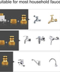 Image of various brass and stainless steel faucet connectors for Straight Up Premium Stainless Steel Garden Hose Cart With Forty Meter High Pressure Thick Wall Hose Quick Connects Brass Spray Gun And Inlet Adapter Wall Mountable Retractable Holder For Car Washing.