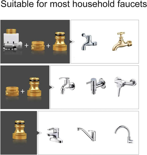 Image of various brass and stainless steel faucet connectors for Straight Up Premium Stainless Steel Garden Hose Cart With Forty Meter High Pressure Thick Wall Hose Quick Connects Brass Spray Gun And Inlet Adapter Wall Mountable Retractable Holder For Car Washing.