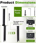 Product dimensions for Heavy Duty Fence Post Repair Kit And Quick Fix Stabilizer Bracket with sizes of brackets and tools.