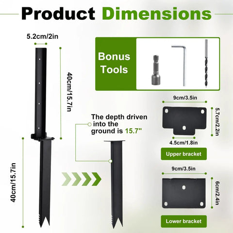 Product dimensions for Heavy Duty Fence Post Repair Kit And Quick Fix Stabilizer Bracket with sizes of brackets and tools.