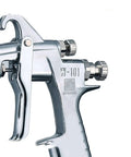Close-up of Smooth Shooting Pneumatic Paint Spray Gun With Rugged Stainless Steel Frame and Quick Toggle Controls.