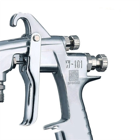 Professional Pneumatic Paint Spray Gun With Stainless Steel Nozzle And Adjustable Air Controls For Slick High Atomization Finishes On Automotive Or Home Diy Projects Dial It In Fast With Ergonomic Grip For Hassle Free Pro Coverage, close-up of nozzle and trigger.