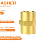 Beefy Brass Pipe Fitting 1/2 Inch Female To 1/2 Inch Female NPT Hex Coupling, Solid Brass Corrosion Resistant