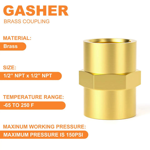 Beefy Brass Pipe Fitting 1/2 Inch Female To 1/2 Inch Female NPT Hex Coupling, Solid Brass Corrosion Resistant