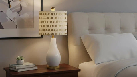 Nightstand with transitional drum lamp shade, spider construction, beige faux linen fabric, gold print, 12 inch wide brass fitter.