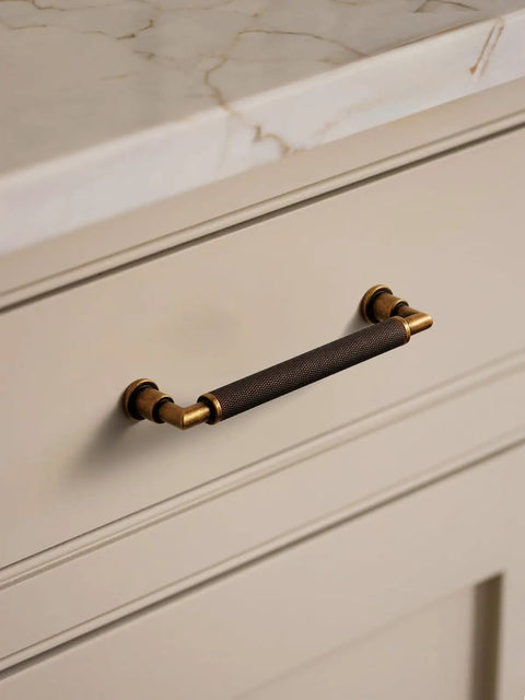 Antique Brass Cabinet Pulls 5 Pack 5 Inch Center Hole Knurled Retro Drawer Handles on cabinet.