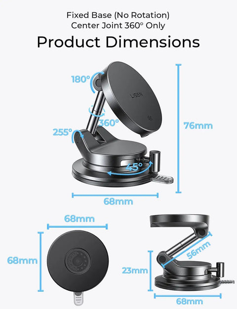 MagSafe Car Mount Charger With 25W Fast Wireless Power dimensions and angles showing suction cup base and adjustable mount