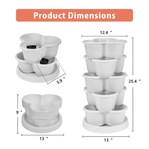 Five Tier Vertical Garden Planter With Wheels Self Watering Stackable Plant Stand dimensions illustration in white