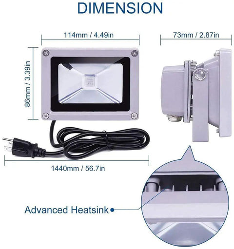 Dimensions and design details of RGB Color Changing LED Flood Lights With Remote Dimmable IP65 Waterproof Stage Lighting For Indoor Outdoor Decor Multi Color Uplighting For Christmas Parties And Events