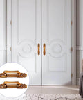 Antique Barn Door Handles And Vintage Sliding Door Handle Set installed on white doors, rustic European style brass pull
