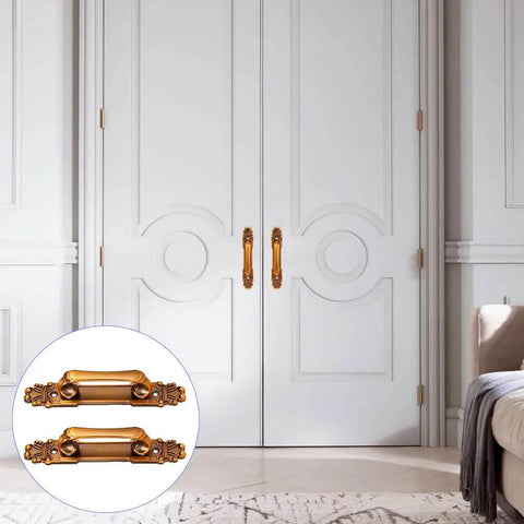 Antique Barn Door Handles And Vintage Sliding Door Handle Set installed on white doors, rustic European style brass pull