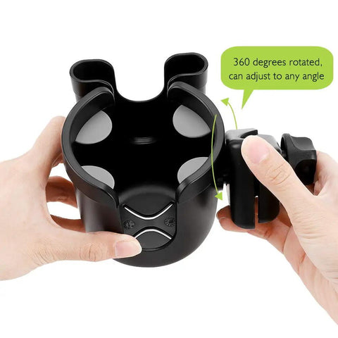 Hands adjusting 2 In 1 Stroller Cup Holder With Phone Mount Universal Cup Holder For Strollers Bikes Wheelchairs And More
