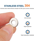 Close-up of a Flat Washers Size 8 7/16 Inch Outer Diameter 304 Stainless Steel SAE Heavy Duty Hardware Washers Pack of 200 for Ultra Rust Resistant High Temp Toughness Great for Big Jobs held between fingers showing anti-corrosion and high toughness icons.