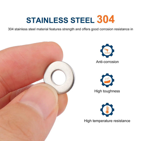 Close-up of a Flat Washers Size 8 7/16 Inch Outer Diameter 304 Stainless Steel SAE Heavy Duty Hardware Washers Pack of 200 for Ultra Rust Resistant High Temp Toughness Great for Big Jobs held between fingers showing anti-corrosion and high toughness icons.