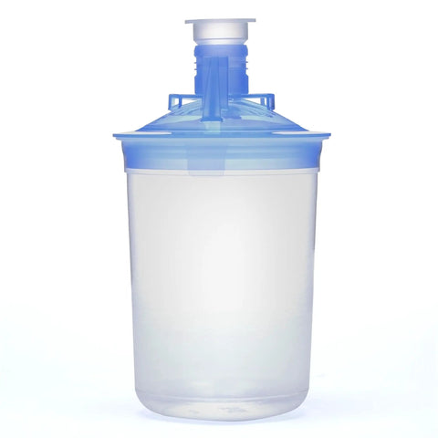 Mini 6 Oz PPS Paint Cup Lids And Liners Kit with blue sealing plug and filter, designed for paint guns, shown in side view.