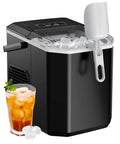 Silonn countertop ice maker front view in black with transparent lid, carry handle, ice scoop, and ice basket