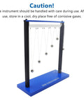 Forced Vibration And Resonance Demonstrator For Physics Teaching Pendulum Resonance Demonstration Kit With 20mm Metal Ball And 5 Steel Balls Metal Construction Classroom Friendly Hands On Learning Tool showing pendulums and caution sign.