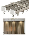 Wall Mount Curtain Track System, Ultra Slick Quiet Sliding Rail For Living Room, Hotels And Teahouses, Heavy Duty Aluminum Alloy Double Track, Gold Finish, Room Divider Sliding Curtain Rod, 10.5ft close-up with hanging rings and installed curtains