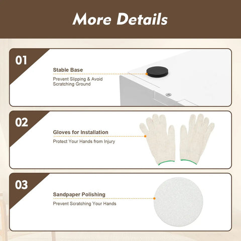 Details of setup for 27 Slot Literature Organizer with stable base, installation gloves, and sandpaper polishing for safe use