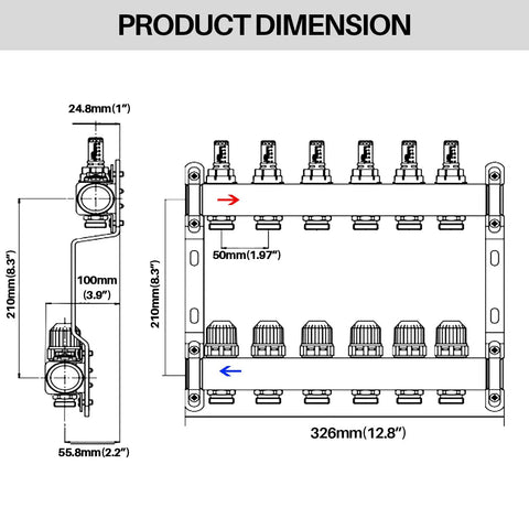 Dimensions of 6-Branch Radiant Heat Manifold for Hydronic Floor Heating Stainless Steel PEX Manifold With Compatible Outlets