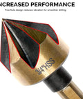 Pro Grade 5 Piece Countersink Drill Bit Set Featuring Quarter Inch Tri Flat Quick Change Shank And 82 Degree Cutting Angle close-up of a countersink bit with five flutes