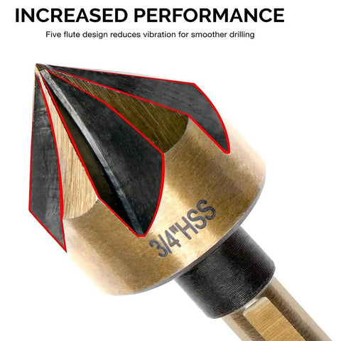 Pro Grade 5 Piece Countersink Drill Bit Set Featuring Quarter Inch Tri Flat Quick Change Shank And 82 Degree Cutting Angle close-up of a countersink bit with five flutes