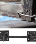 Two Piece Heavy Duty 4 1/2 Inch Sliding Barn Door Hardware Set With Slick Cast Copper Latch Hook And Eye Lock Rust Resistant For Straight Up Secure Wood Doors, showing latch on wood