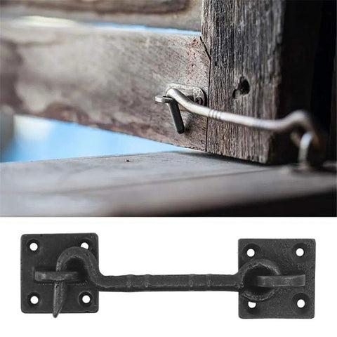 Two Piece Heavy Duty 4 1/2 Inch Sliding Barn Door Hardware Set With Slick Cast Copper Latch Hook And Eye Lock Rust Resistant For Straight Up Secure Wood Doors, showing latch on wood