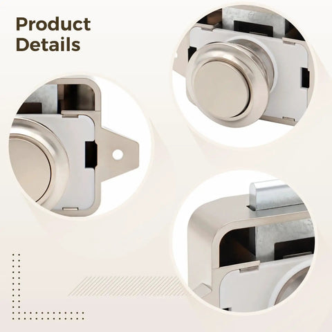 Close-up views of Push Button Cabinet Lock Set Five Pack Chrome Plated Marine Grade Metal Latches For RV Camper Boat Storage Compartments Push To Open No Key Required Keyless Door Catches.