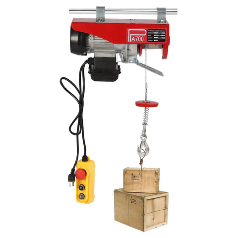 Heavy Duty Electric Hoist With 1543 Lbs Capacity And Dual Rope Modes For Garage Or Warehouse, featuring 1200W motor and wired remote.