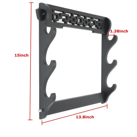 Dope Black Wall Mount Sword Display Rack For Katana Wakizashi Tanto Three Layer Stand Hanger Bracket front view with dimensions