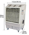 Portable Evaporative Air Cooler With Three Adjustable Speeds And Remote Control, features a compact design and caster wheels.