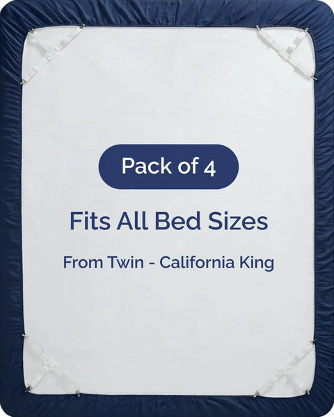 Adjustable Elastic Bed Sheet Holders With Strong Metal Clips for all bed sizes, pack of 4, fitted straps visible.