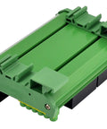 Green Two Channel IoT Relay Outlet Module with Built In 10 Amp Relays, AC 120V Control, DIN Rail Or Screw Mount, ideal for smart home projects.