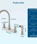 Heavy Duty Two Handle Kitchen Faucet With Pull Down Sprayer And Four Hole Deck Mount sizing details with dimensions in brushed nickel finish.