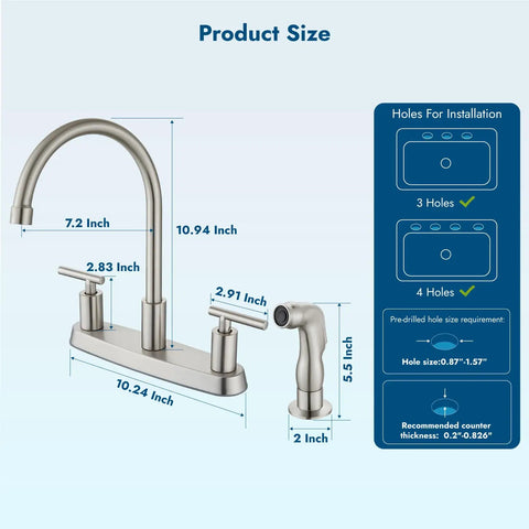 Heavy Duty Two Handle Kitchen Faucet With Pull Down Sprayer And Four Hole Deck Mount sizing details with dimensions in brushed nickel finish.